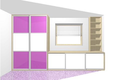 Pink & White glass sliding door wardrobe & fitted shelving units. Teenagers Bedroom